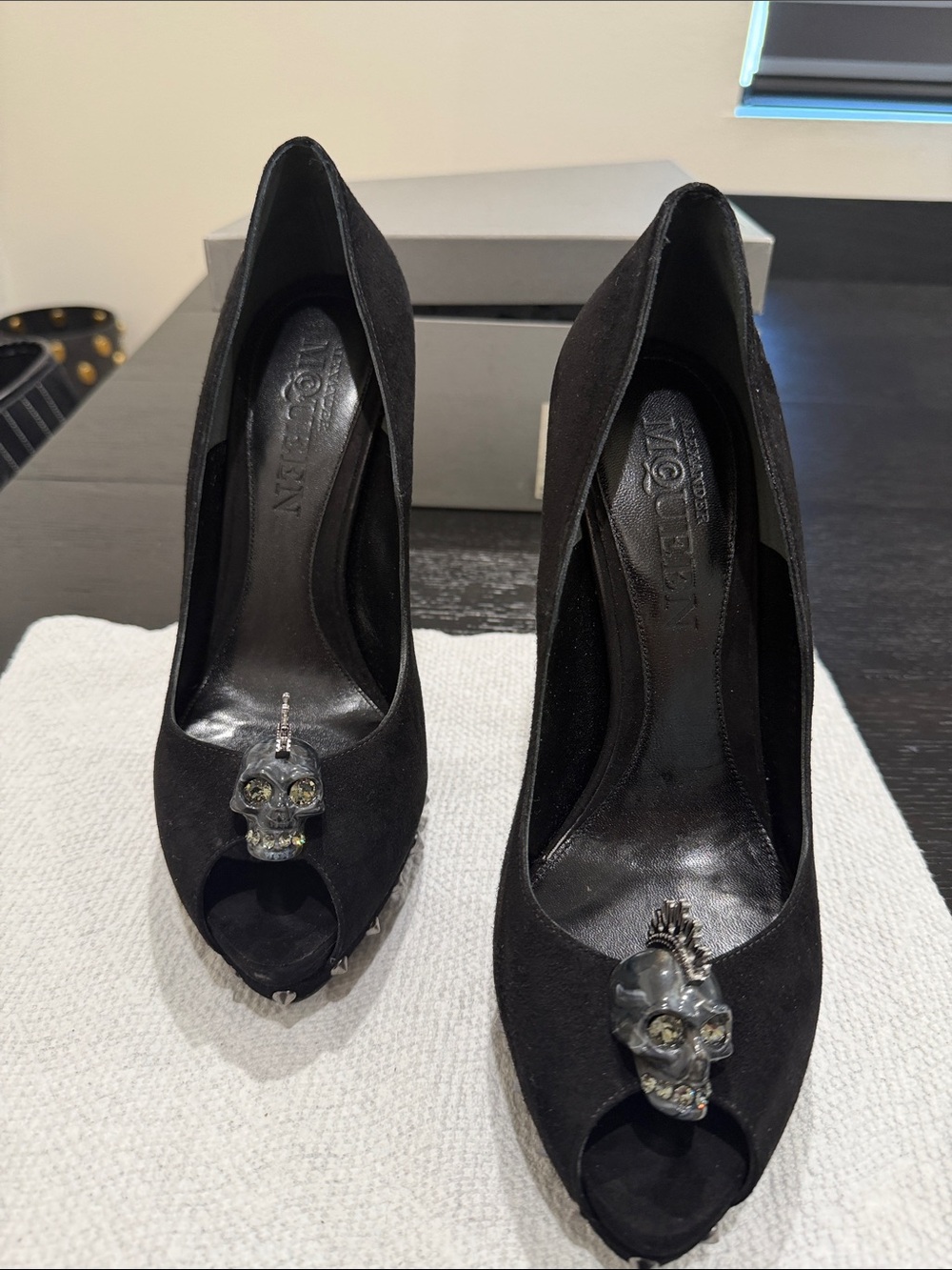 Alexander McQueen Black Suede Peep-Toe Heels with Skull Accents